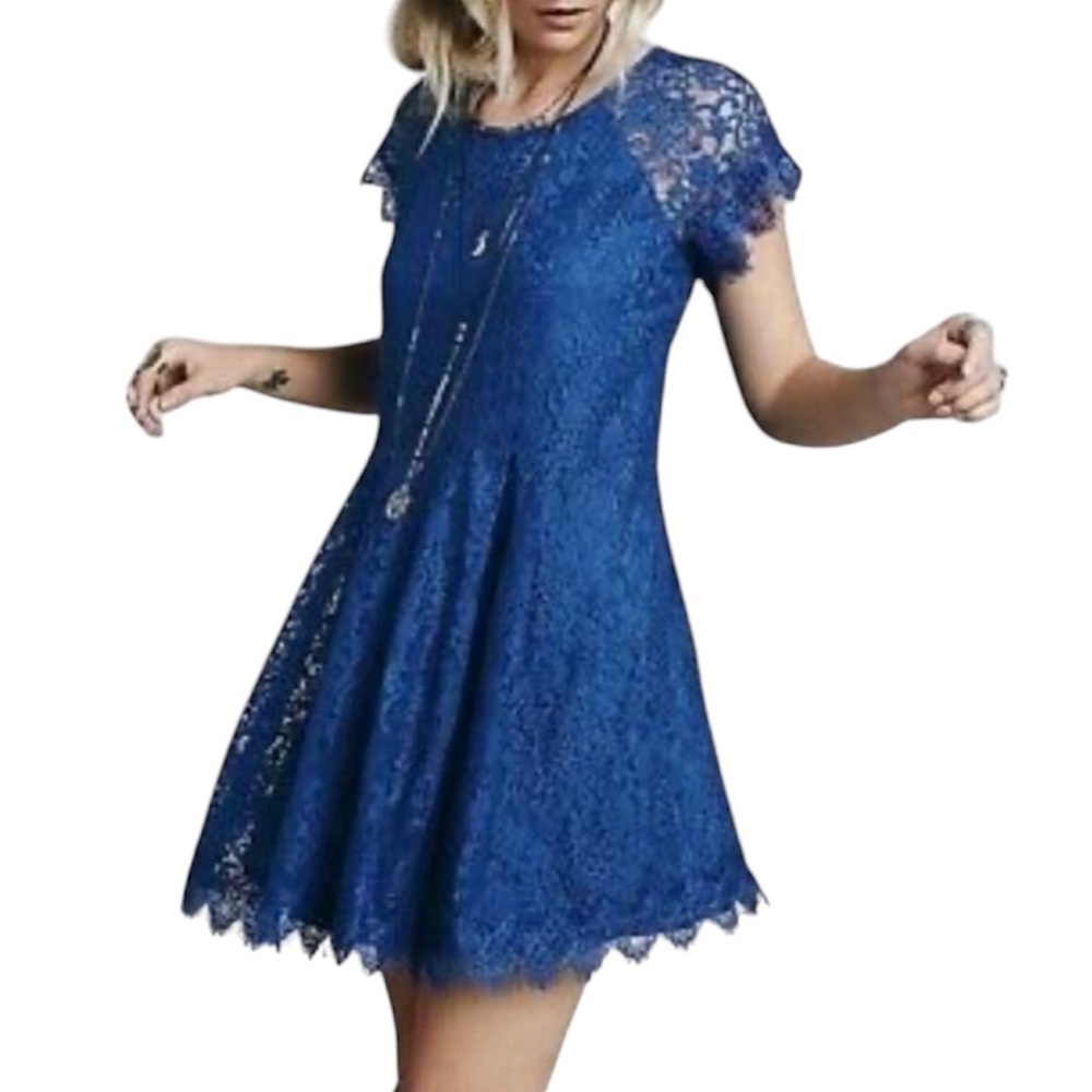 Free People Stardust Lace Dress Aline Blue Short Sleeve XS Preppy Southern Belle